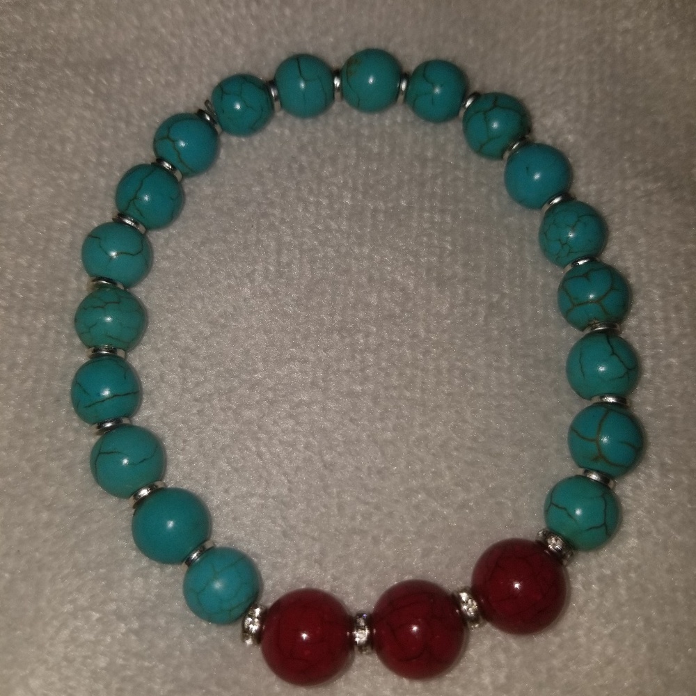 Turquoise and Red Beaded Stretch Bracelet